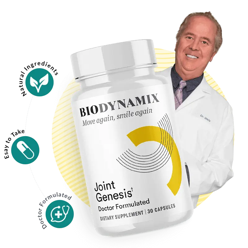 Joint Genesis bottle by BioDynamix – natural joint supplement with Mobilee hyaluronan complex